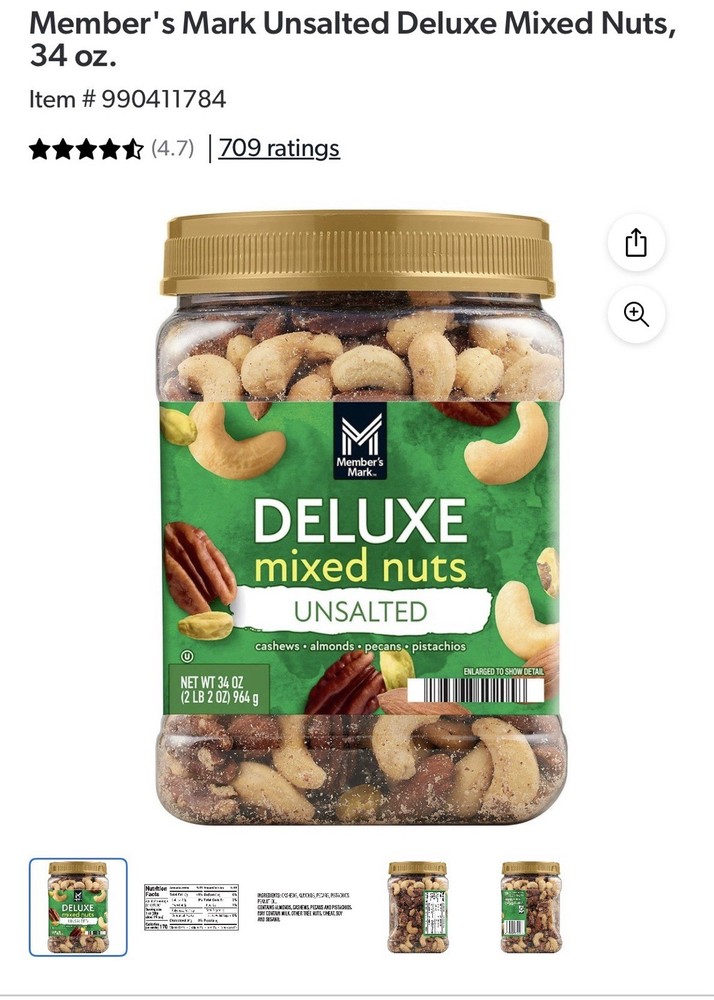 (2 Packs )Member's Mark Unsalted Deluxe Mixed Nuts 34 oz Each Pack