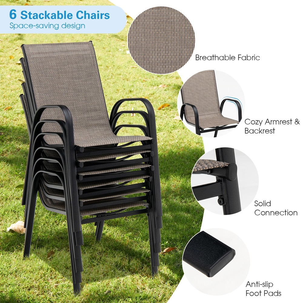 Patiojoy Set of 6 Patio Dining Stackable Chairs Armrests Space Saving Backyard
