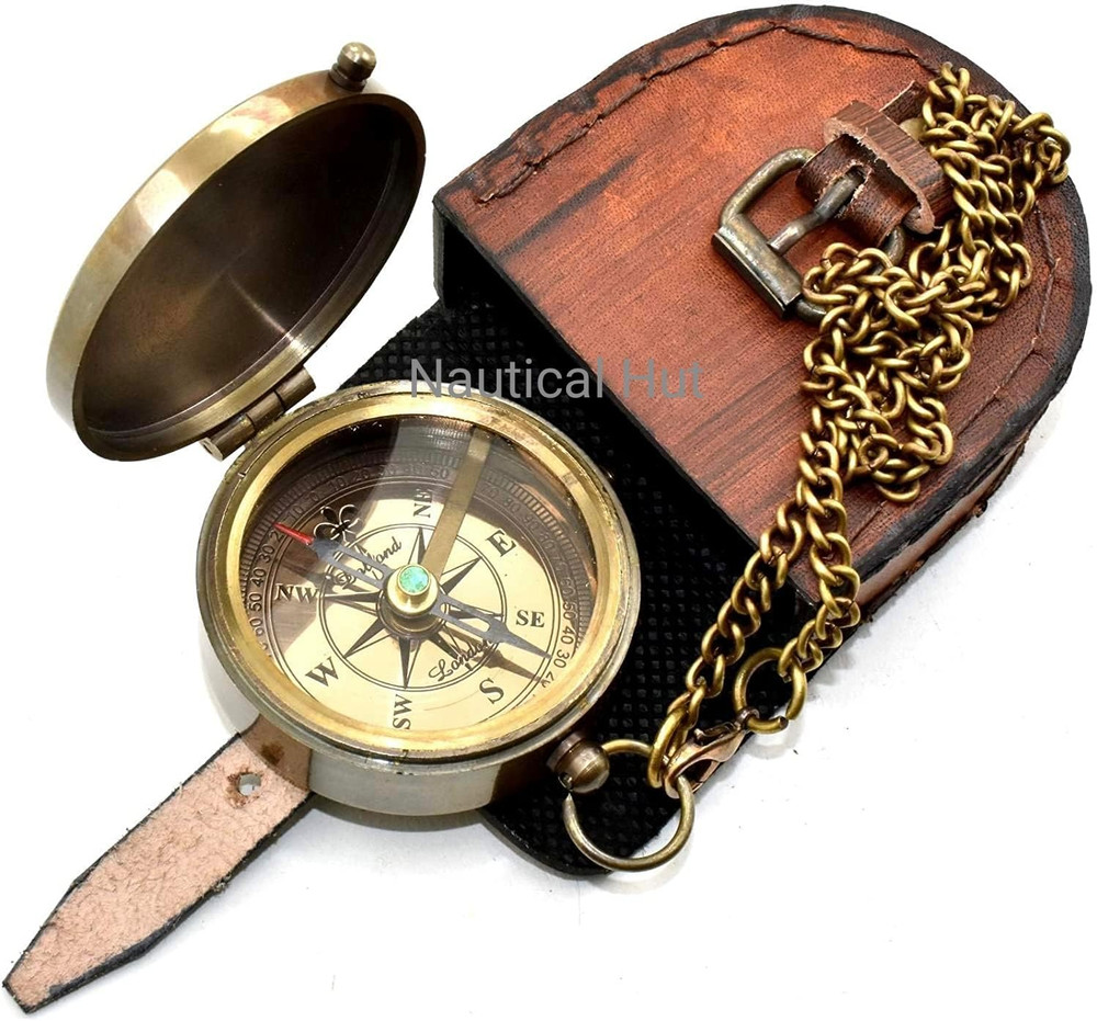 Thoreau'S Go Confidently Engraved Solid Brass Nautical Pocket Compass with Leath