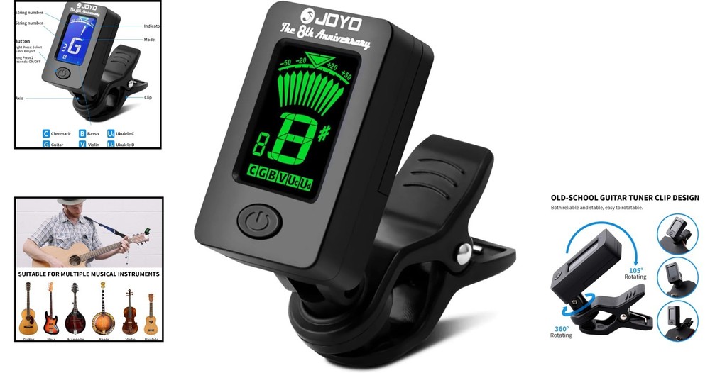 Precision Clip-On Digital Tuner with Automatic Shutdown for Musicians - Black