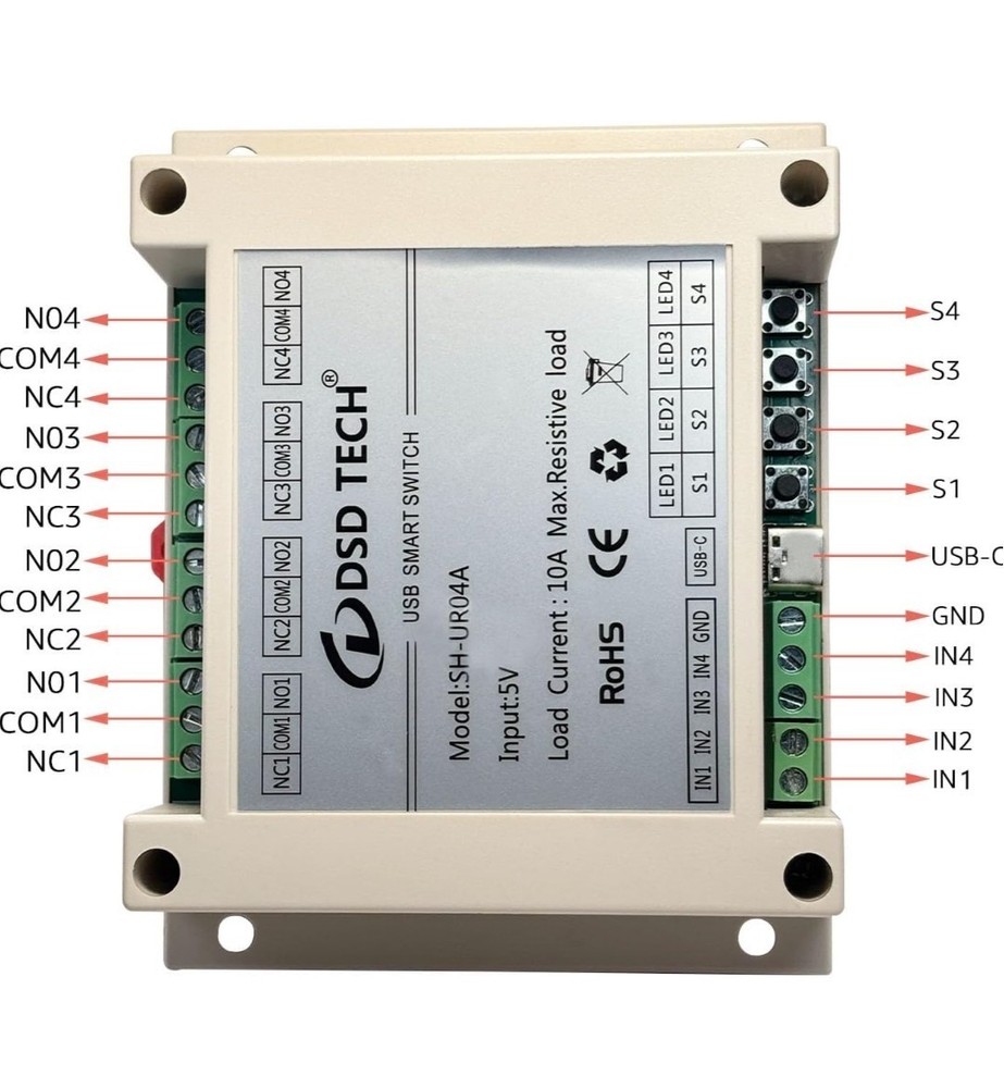 DSD TECH SH-UR04A 4-Channel USB Powered Relay Module for PC & Mac(4CH)