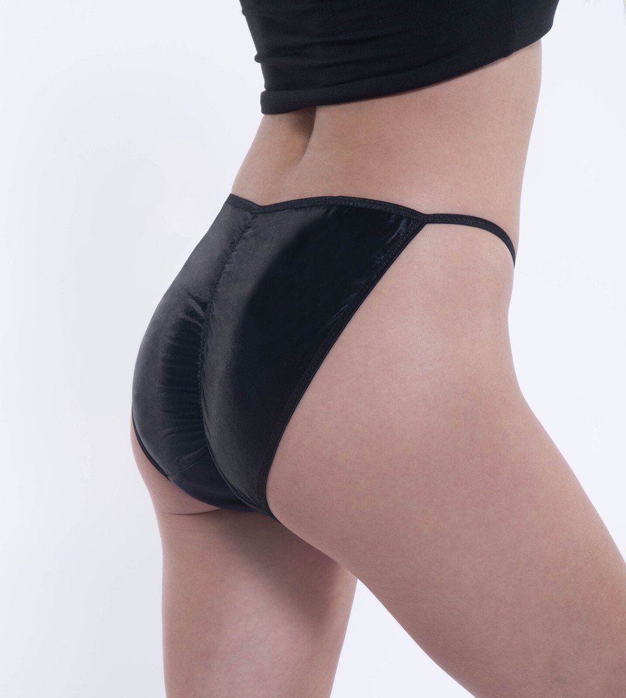 Second Skin Satin String Bikini Panties · Ruched / Scrunched Rear · Black · 2X/9