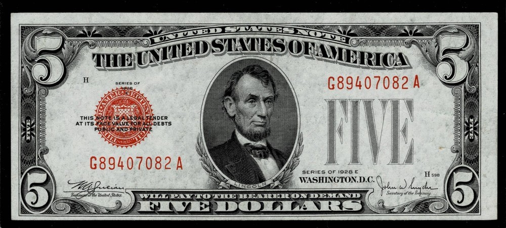 1928-E $5 Red Seal United States Note~ ALMOST UNCIRCULATED