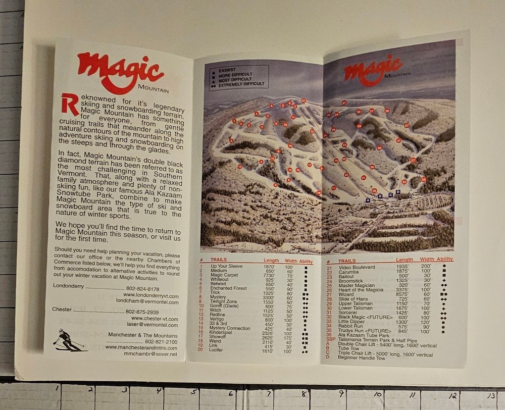 1999/00 MAGIC MT. SKI AREA BROCHURE/ TRAIL MAP W/ RATES INSERT SHEET. MINT