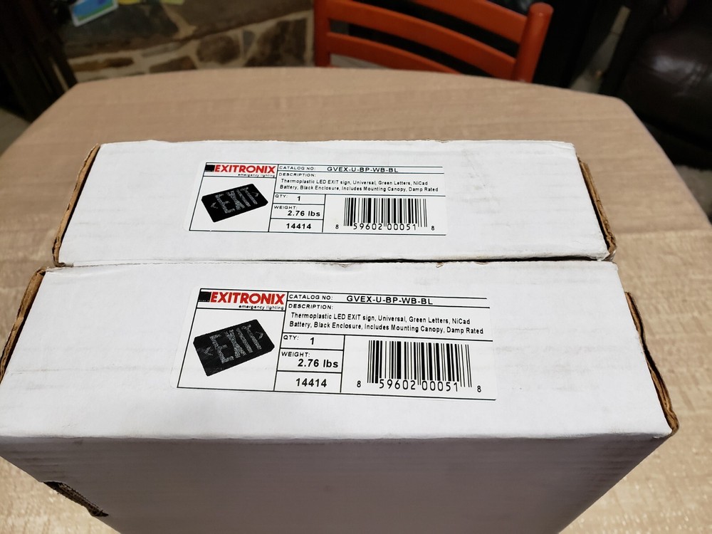 2 New EXITRONIX GVEX-U-BP-WB-BL Thermoplastic LED EXIT sign Green Letters