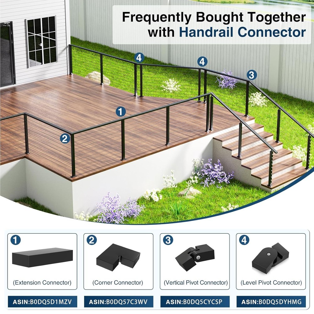 6FT Stainless Steel T304 Handrail Black, 3 Pack Rectangular Cable Railing Handra