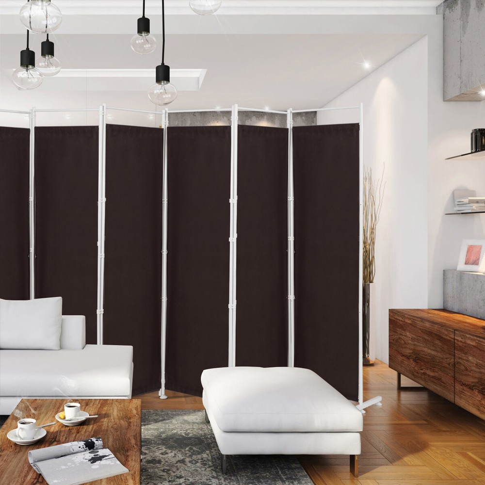 6-Panel Room Divider Folding Privacy Screen w/Steel Frame Decoration Brown