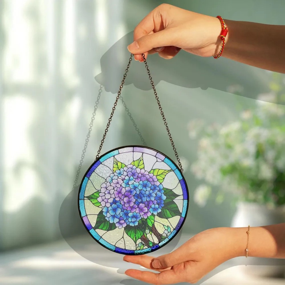 Personalized Blue Hydrangea Stained Glass Suncatcher, Decor Gift