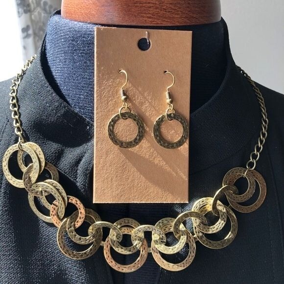 Brass Circle Statement Necklace & Earrings