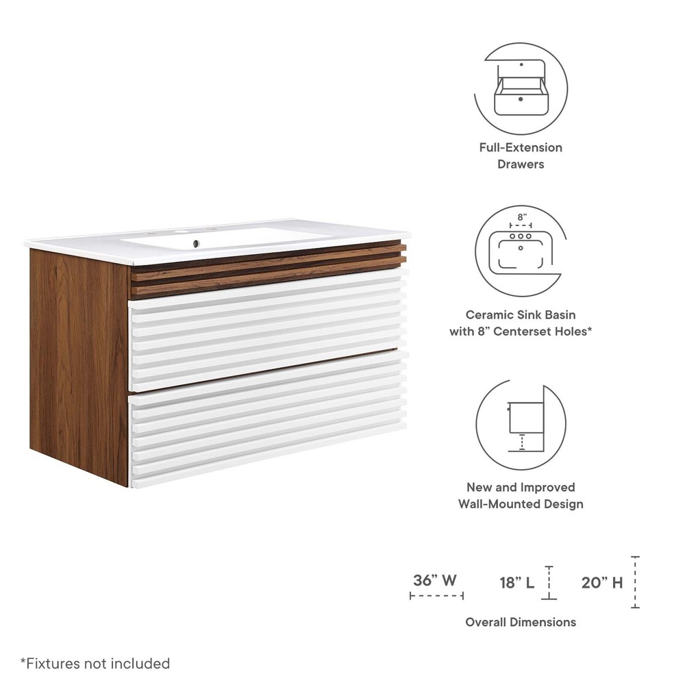 Modway Render 36" Wall-Mount Bathroom Vanity in White Walnut White