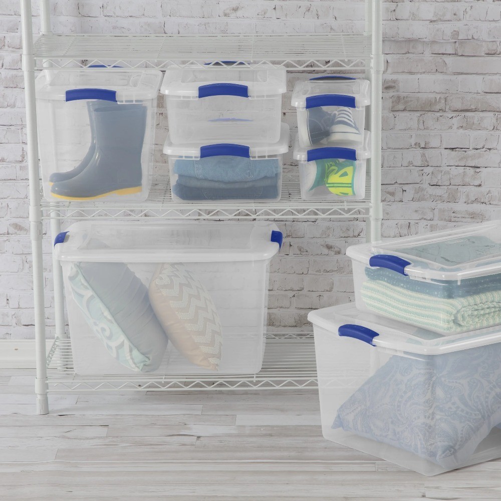Clear Plastic Storage Bin with Blue Latching Lid 7 Quart 3-Pack Organizer Box