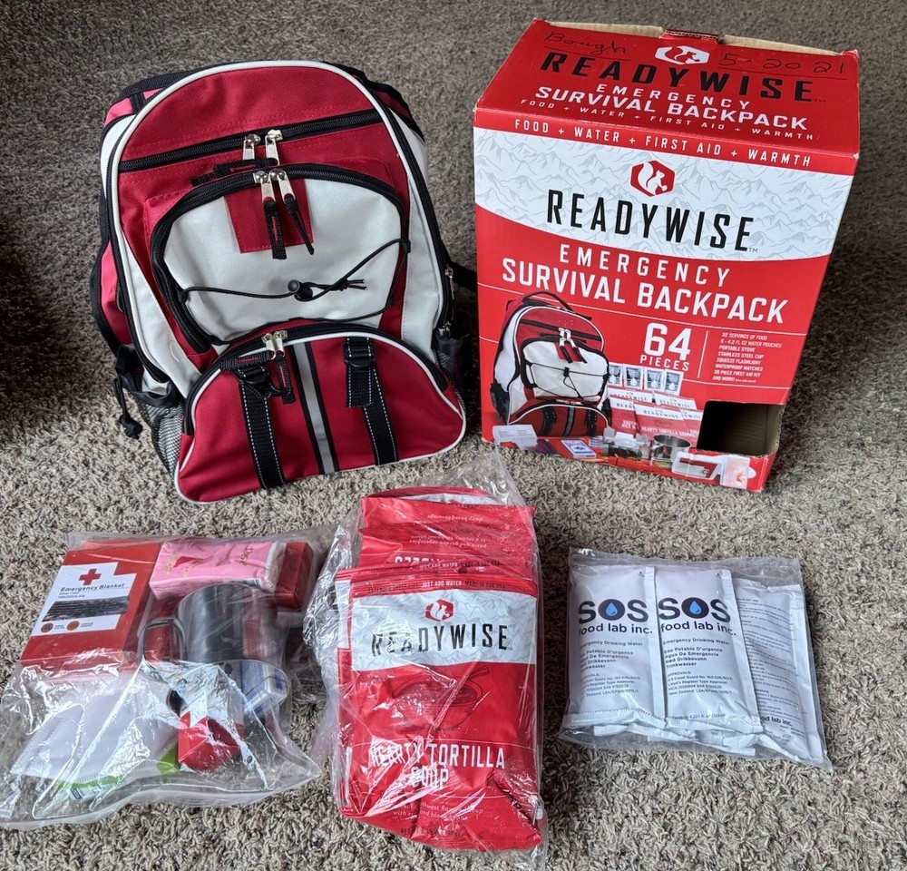 ReadyWise Red White Emergency Survival Backpack (64 piece) open box
