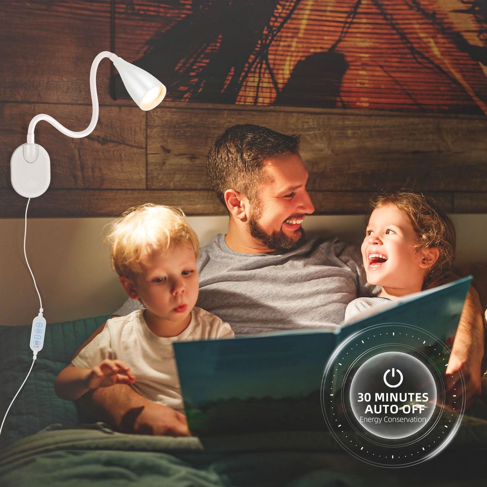 Wall-Mounted LED Bedside Reading Light with USB Charging Port, 10-Level White