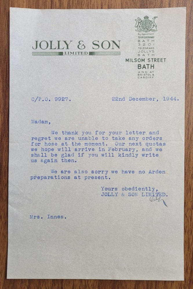 1944 Jolly & Son Milsom St, Bath Letter