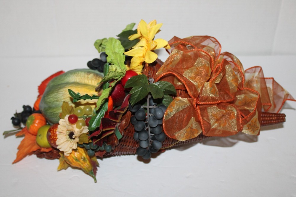 Cornucopia in Wicker Basket with Artificial Fall Thanksgiving Flowers
