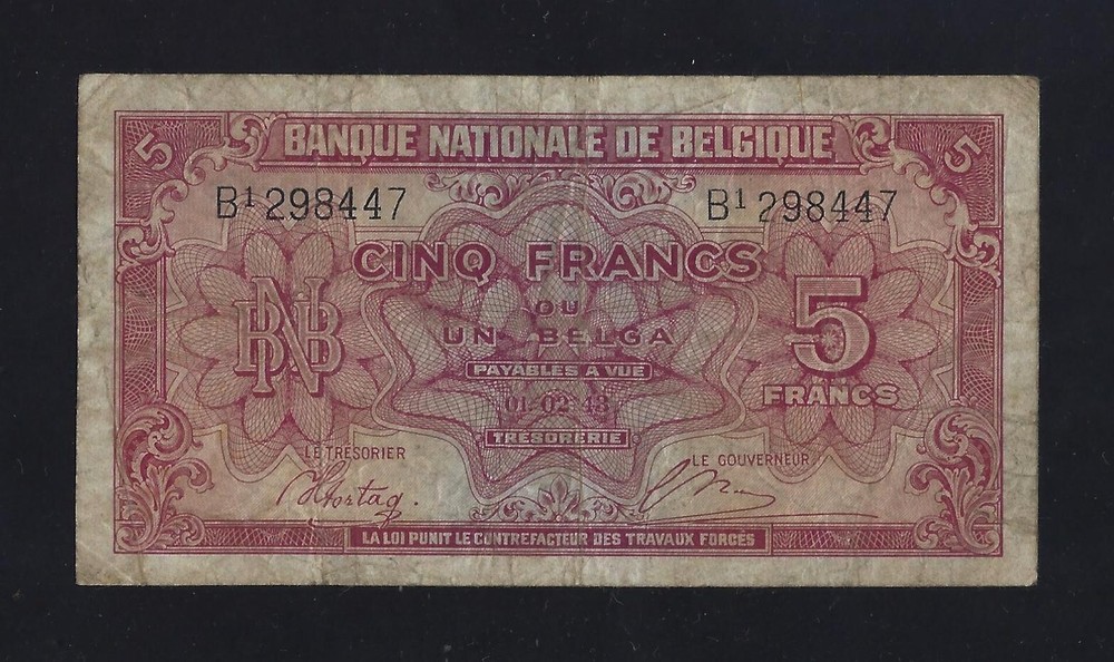 BELGIUM 5 FRANCS  1943 P-121 fine