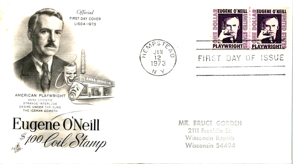 $2.00 EUGENE O'NEILL PLAYWRIGHT COIL PAIR 1973 #1305C ARTCRAFT CACHET FDC