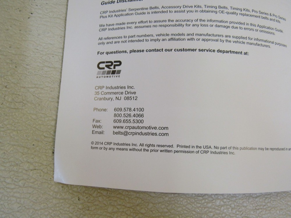 CPR Industries Inc Belts and Belt Kits 2014 Application Guide CATDOM14