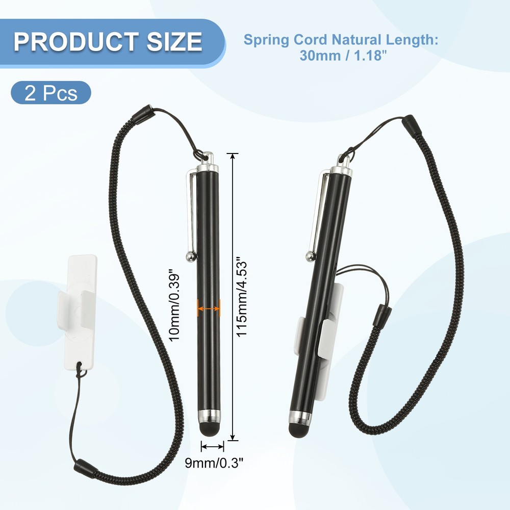 2 Pcs Screen Capacitive Pens with Spring Rope Fixing Base Black/White
