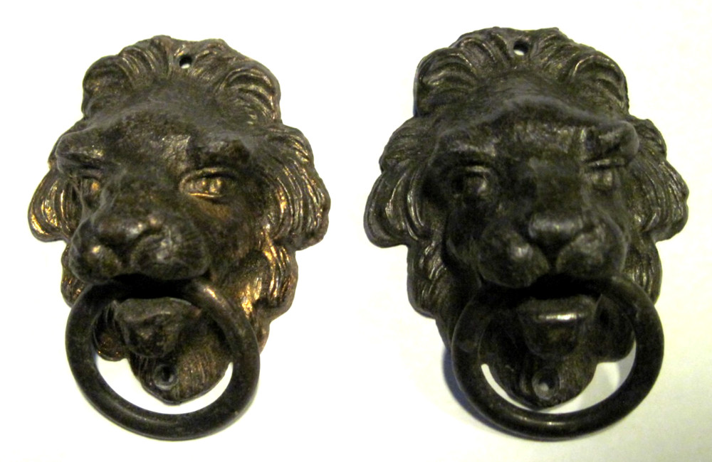 Vintage Cast Iron Lion head pulls with rings - pair