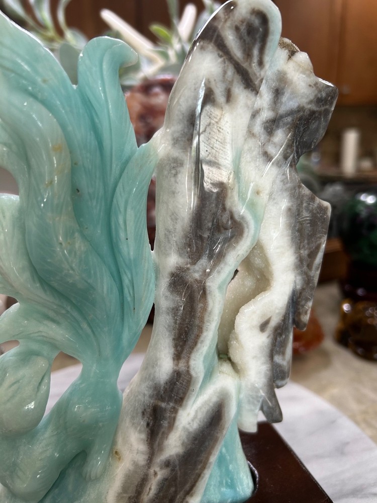 Amazonite 9 tail Fox carving on stand Gorgeous