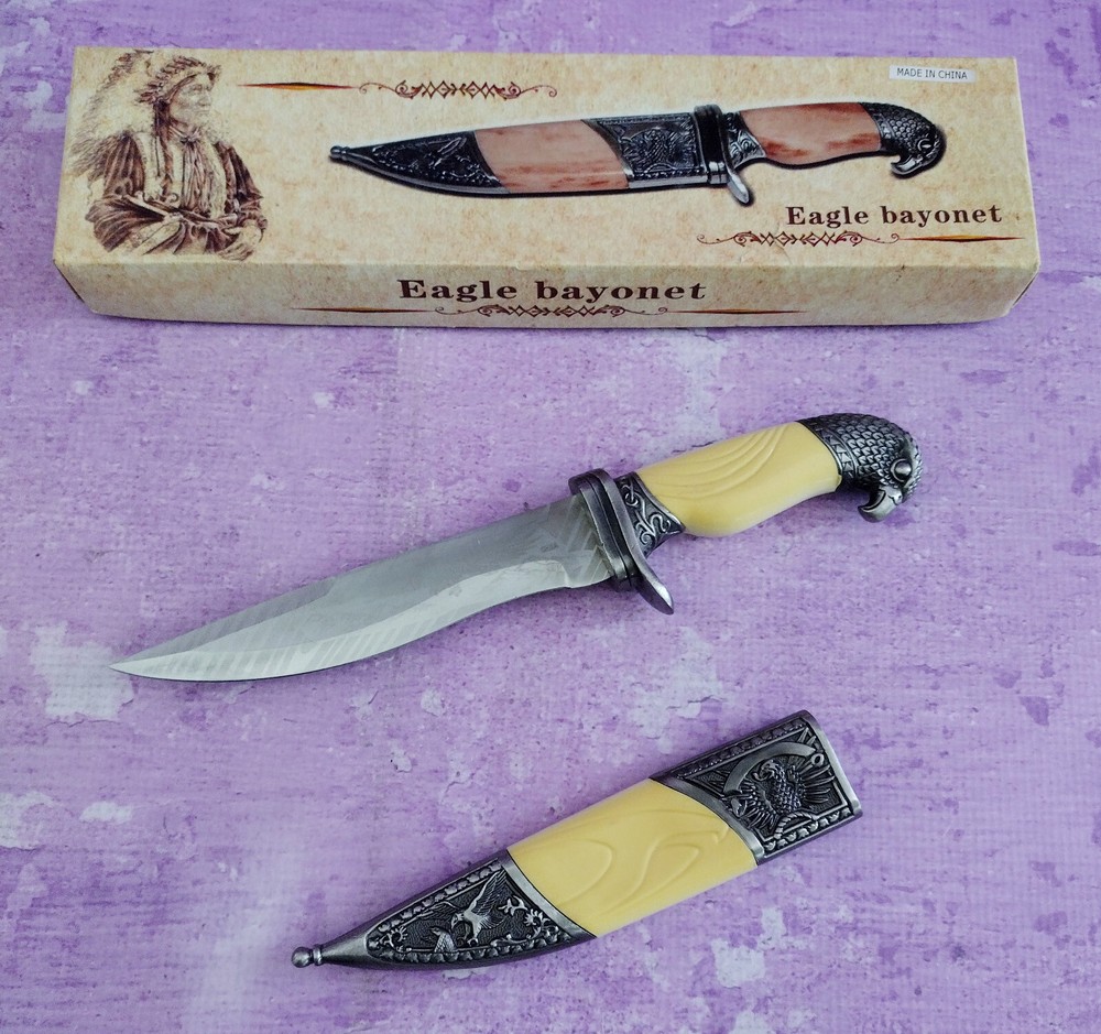 Etched Eagle Bayonet Fixed Blade Knife 6in with Sheath Box Eagle Handle Unique