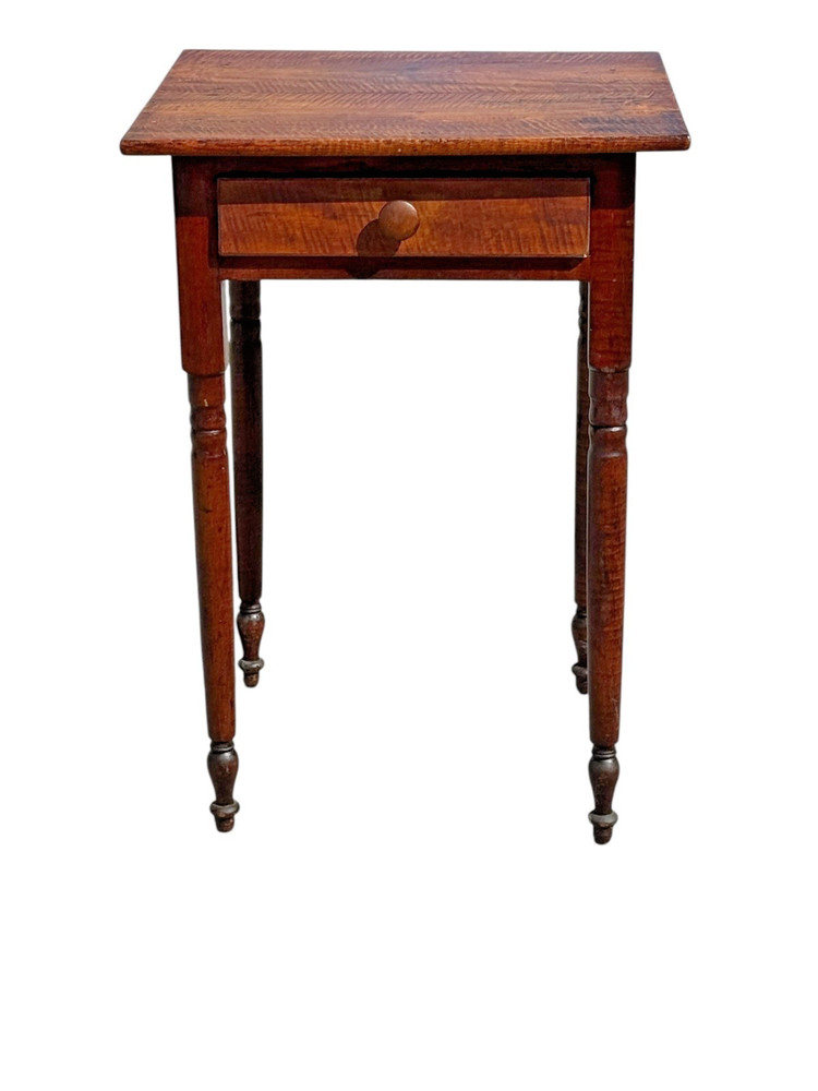 Antique tiger maple side table work stand 1 drawer sheraton 1820