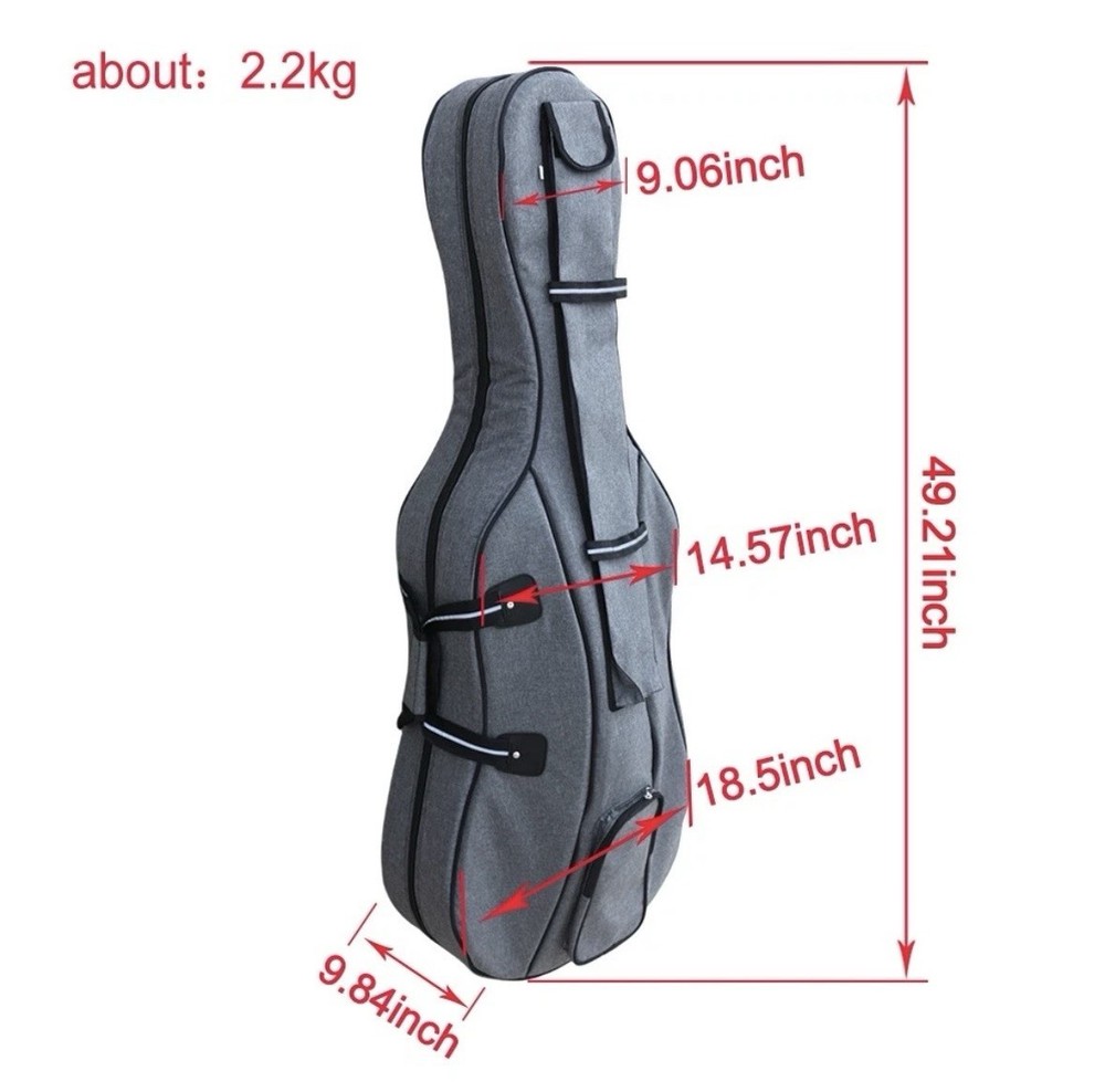 4/4 Cello Gig Bag Case with Multiple Pockets, Handle, straps, light Gray