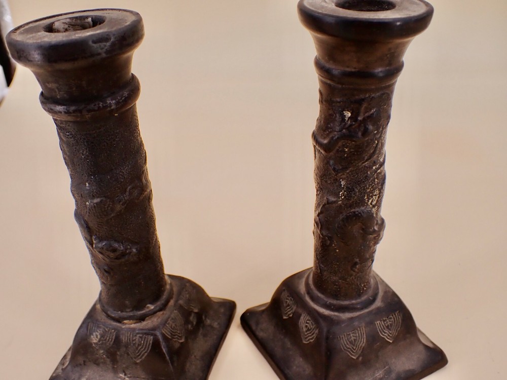 Older Nippon Brown Clay Dragonware Candlesticks signed