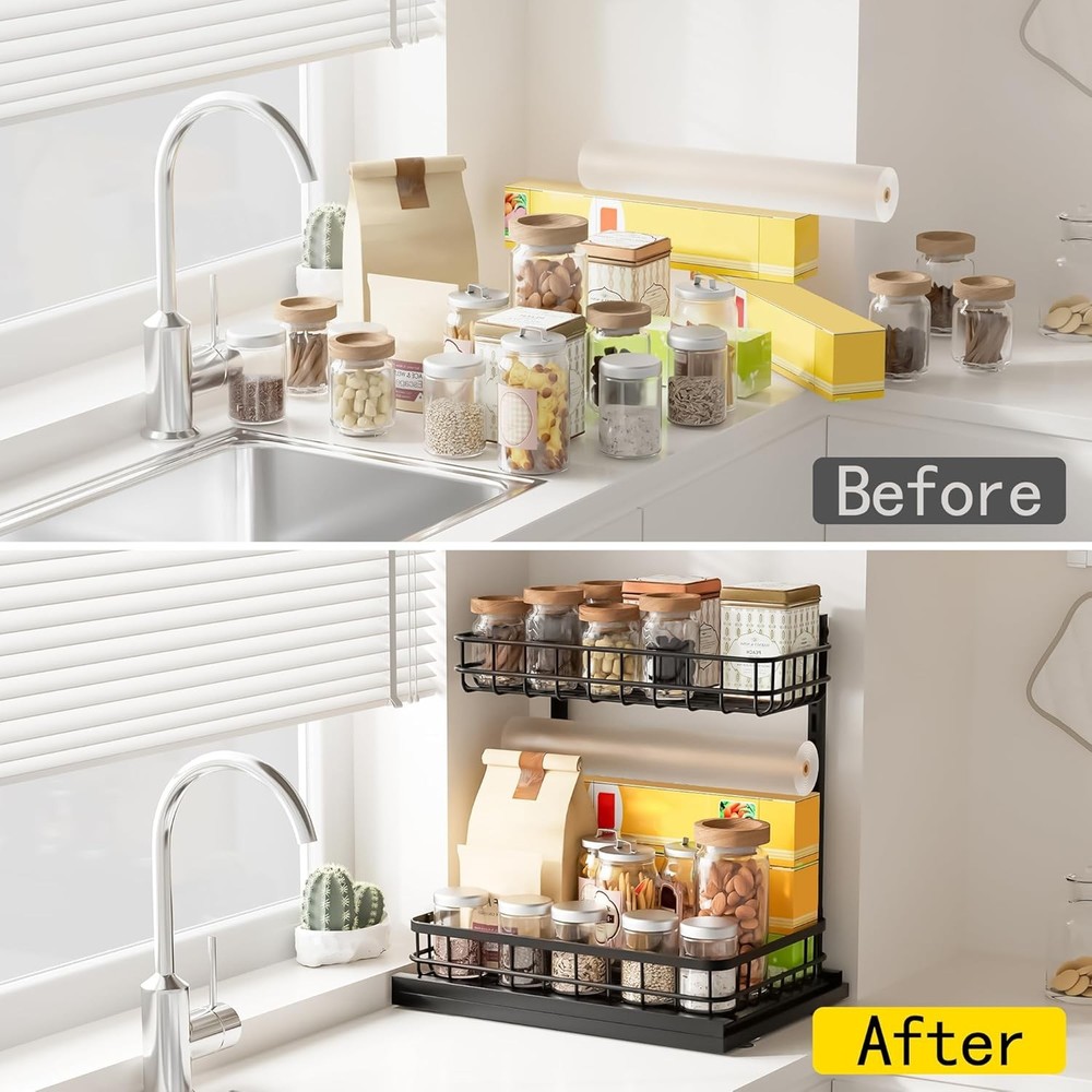 Under Sink Organizer Adjustable Height Pull-Out Kitchen Storage
