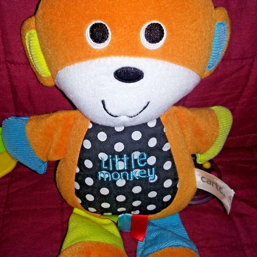 Carter's Monkey Sensory Orange 12in Plush Squeake Teether Crinkles Rattle Ring
