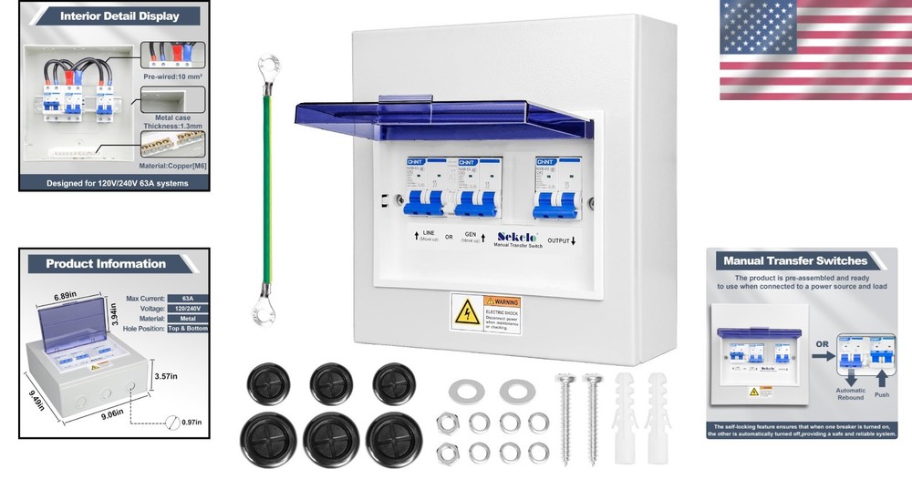 Prewired 63 Amp Manual Transfer Switch with 3 Circuit Breakers & Safety Features