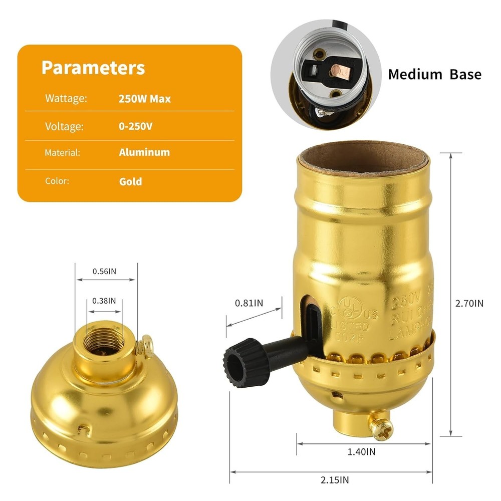 2 Pcs 3 Way Lamp Socket Replacement for E26 Threaded Base, 3 Light Gold