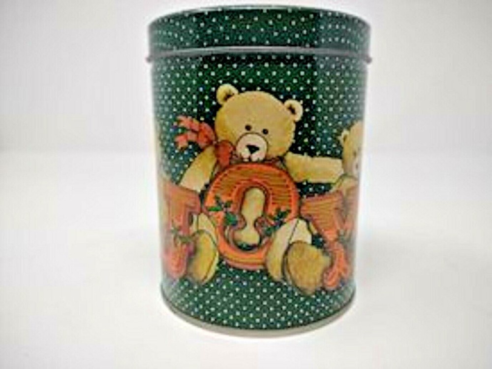 Joy Christmas Theme Green Tin With Teddy Bears