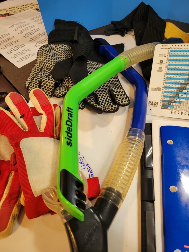 Assorted Diving Gear 2 Pair Gloves Size Medium 2 Side Draft Snorkel And More