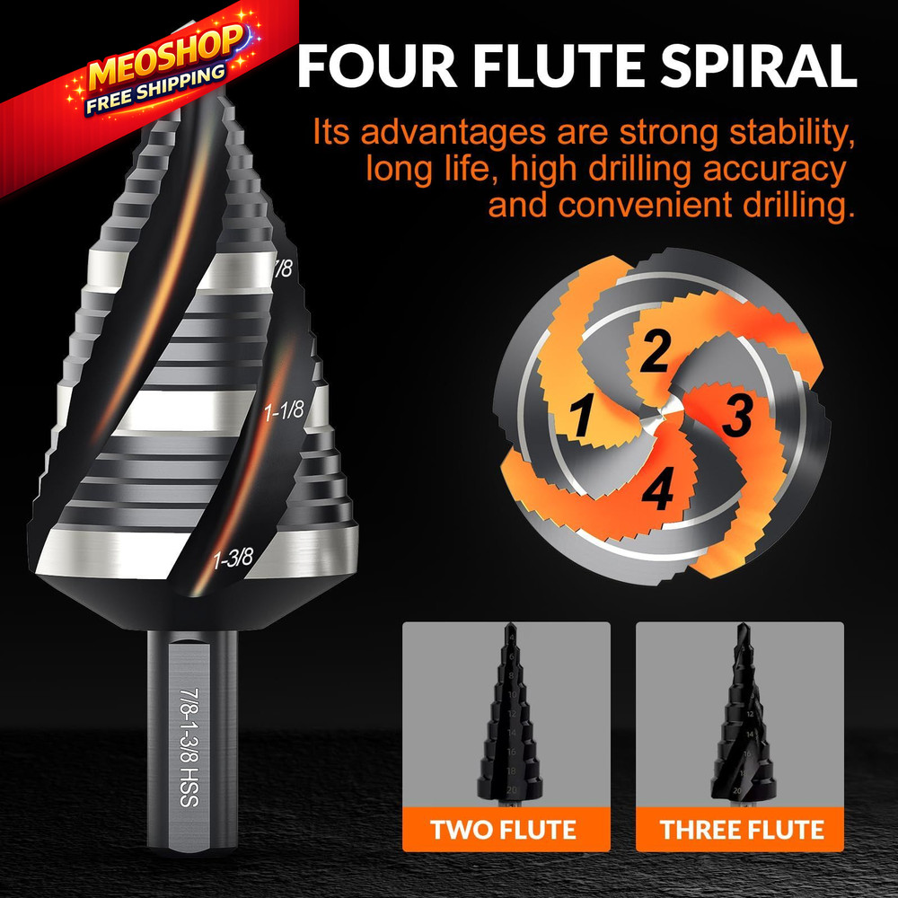 THINKWORK Four Spiral Flute Step Drill Bit Set, 5 Pcs HSS 5 Piece