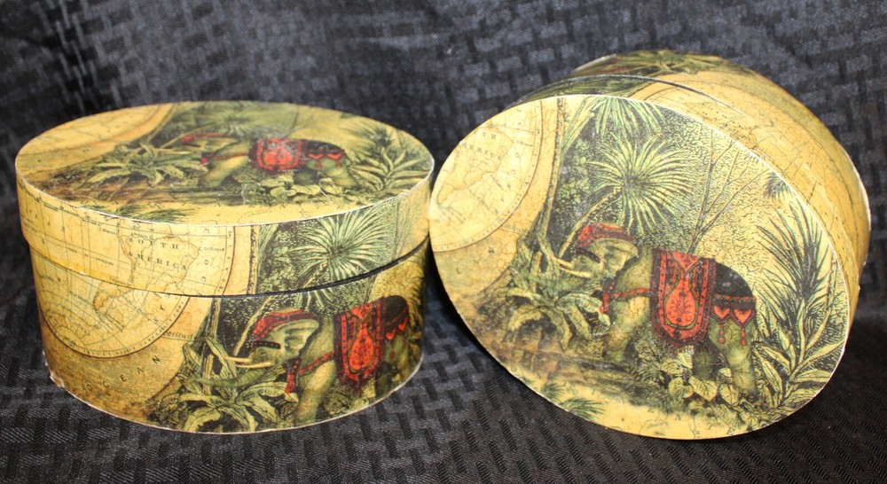 Set of 2 (4 ct) Stackable Nesting Oval Storage Boxes:World Globe Elephant Jungle