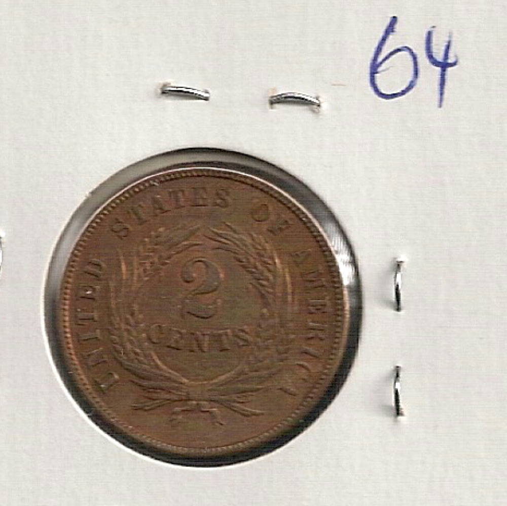 1864 Two Cent Piece : BU Red Brown