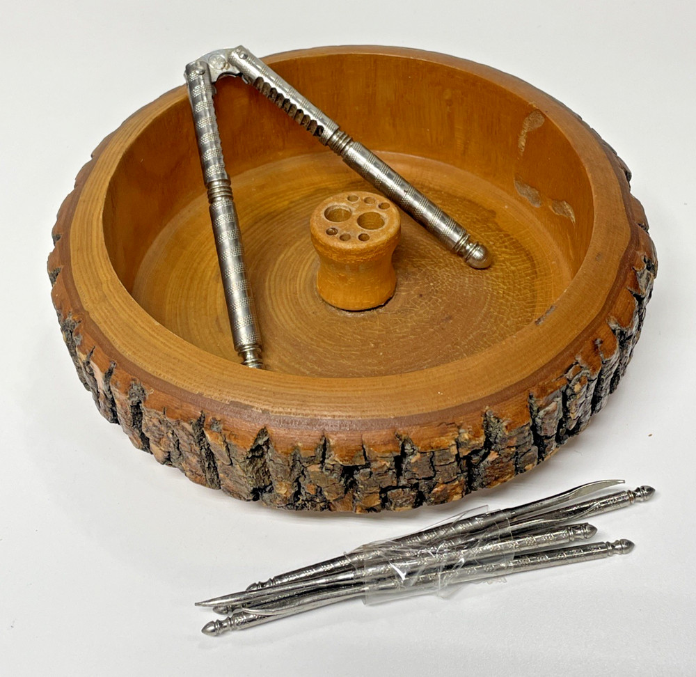 Vintage Wooden Walnut Nutcracker Bowl And Tools Rustic Mid-Century Decor