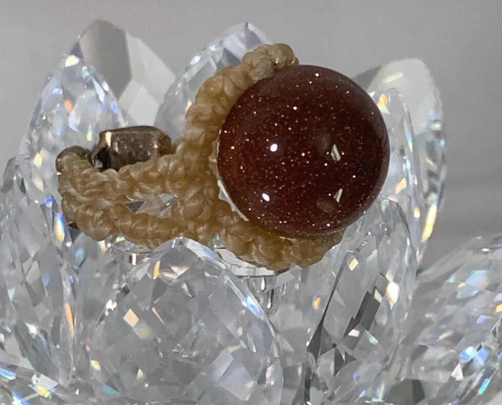 Handcrafted Cream Macramé Ring with Gold Sandstone Stone Bead, Clamp Closure