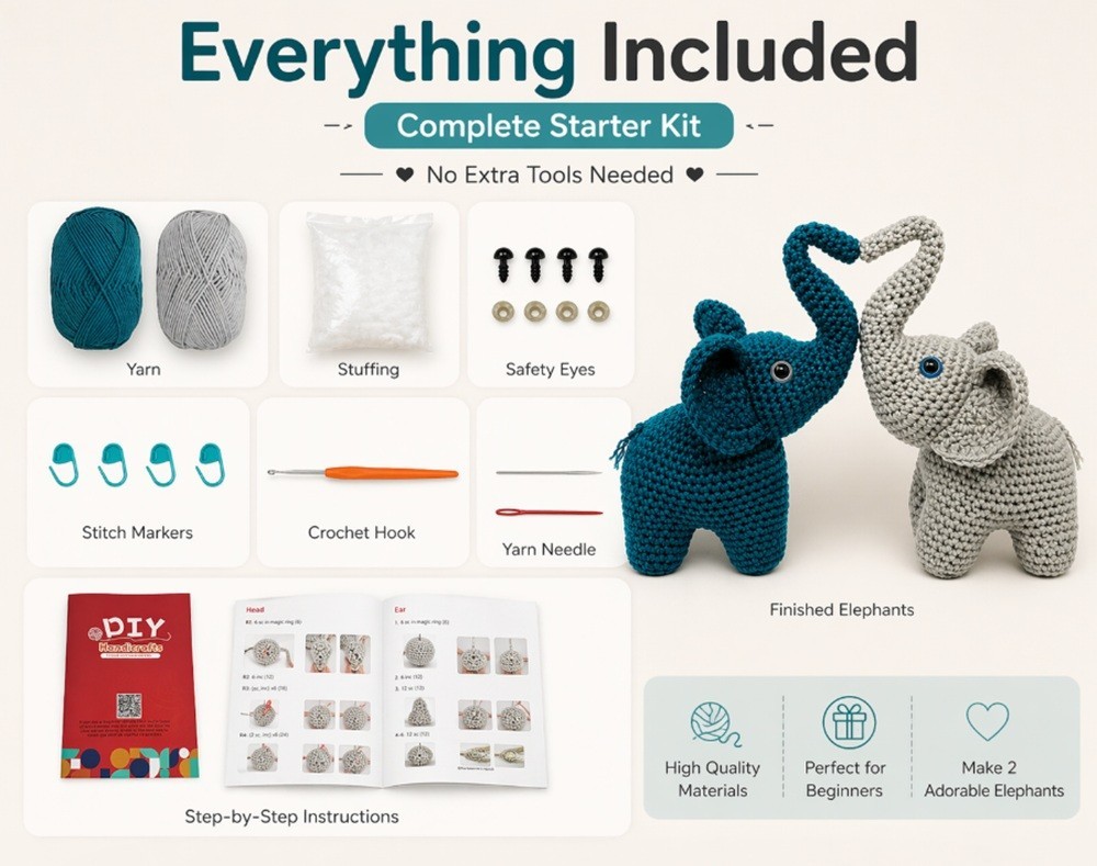 Elephant Crochet Kit 2 Pack for Beginners Amigurumi DIY Set with Video Tutorial