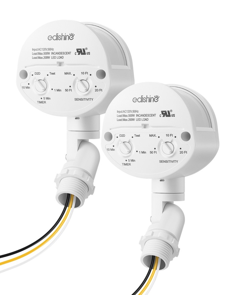 EDISHINE Outdoor Motion Sensor 2 Pack, 180° Adjustable Detection, 60FT Range, UL