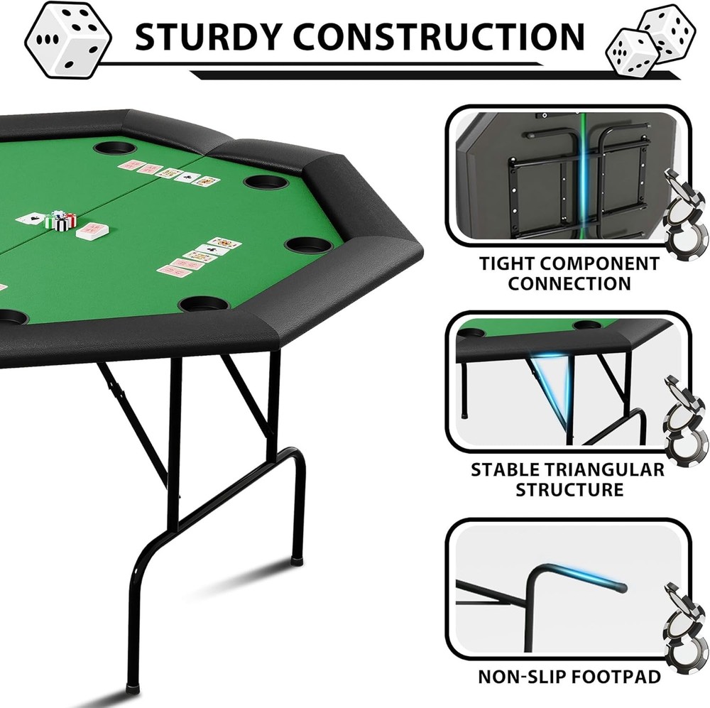 8 Player Poker Table Foldable, Octagonal Texas Hold'em Table with Cup Holders