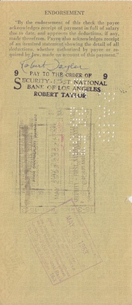 Robert Taylor signed endorsed bank check