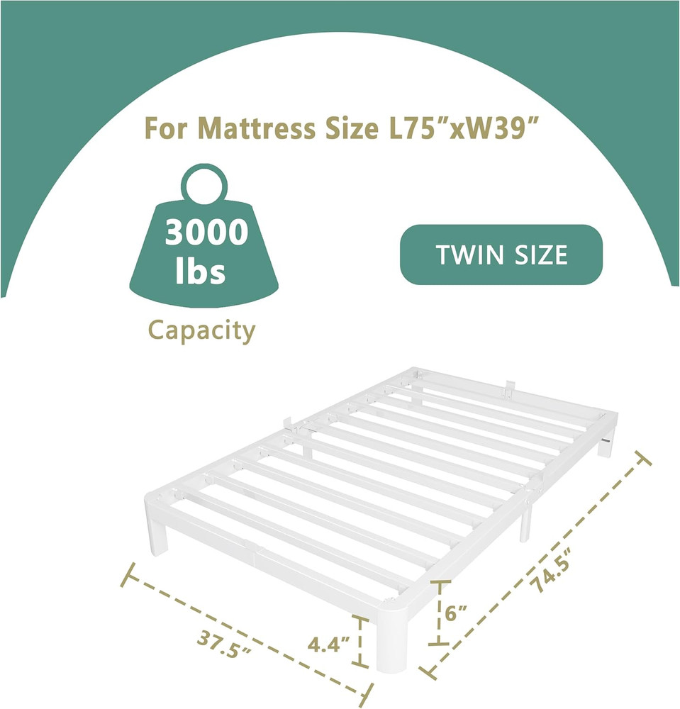 6" Twin Bed Frame, Heavy Duty Steel, No Box Spring, Easy Assembly