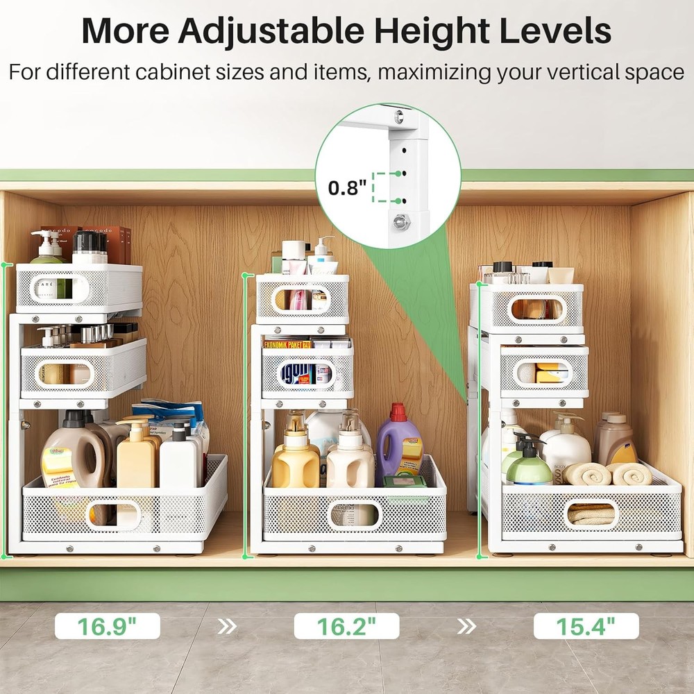 Under Sink Organizer 2-Pack 3-Tier Height Adjustable Thickened Metal Pull out