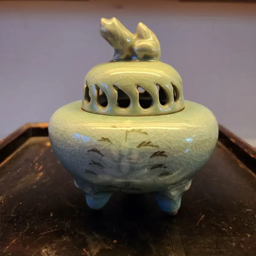 Artist Celadon Incense Burner Lotus Pattern, 11.2cm