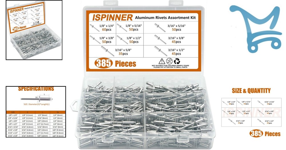 Versatile 8-Sizes Rivet Kit with Storage Case - Aluminum Blind Rivets Assortment