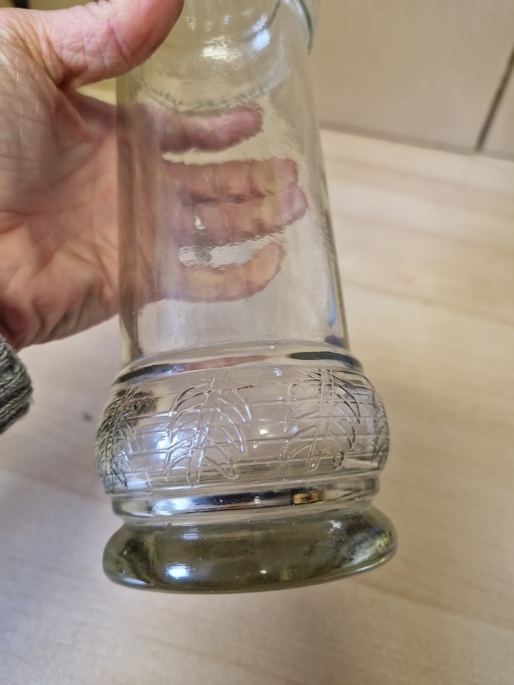 Vintage Clear Glass Bottle With Embossed Leaf Pattern 32.5cm Tall