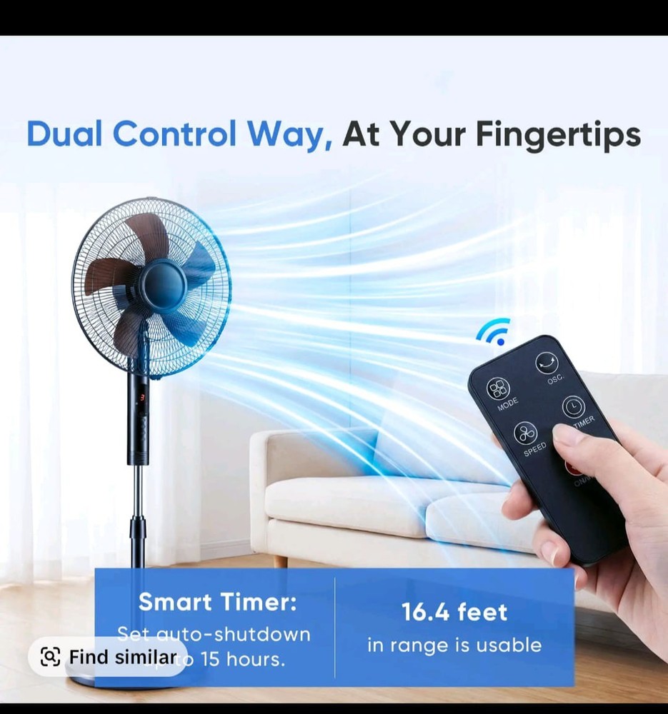 Pedestal Fan With Remote, Adjustable Height, 3 Speeds 3 Modes, Timer Tile Head.